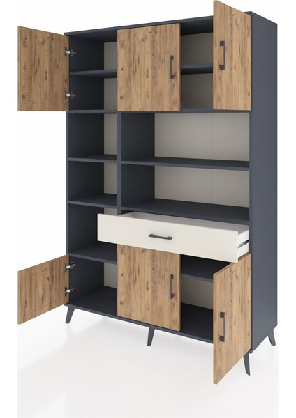 Hyperion Dolap 10 Raflı Tek Çekmeceli 6 Kapaklı 132X44X195 Antrasit-Çam/aytaşı modelleri