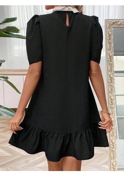 Kadın Kısa Kollu Yakalı Inci Detaylı Kısa Ithal Krep Elbise indirimleri