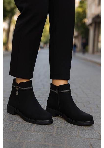 Kadın Cilt ve Nubuk Aksesuar Detaylı Fermuarlı Rahat Kışlık Bot Kaymaz Taban H01