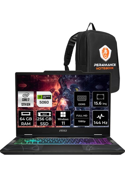 Msı Cyborg 15 Intel Core I7 13620H 64GB 256GB SSD RTX5060/8GB 15.6" Fhd 144Hz W11P Taşınabilir Bilgisayar & Per4 Çanta B13WFKG490XTRP457