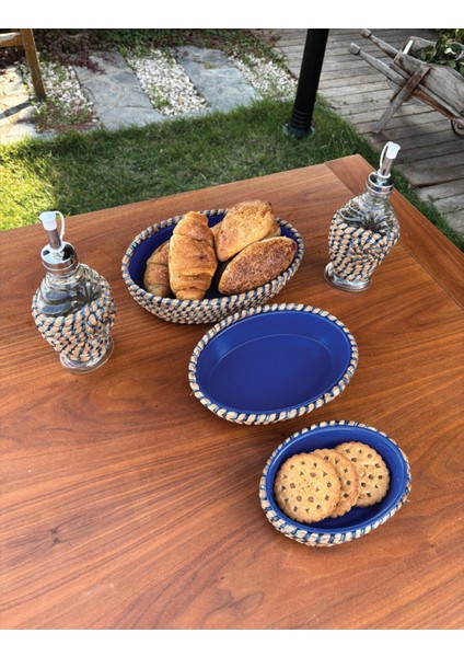 Hasır Görünümlü Leke Tutmaz 5’li Sofra Seti – Yağlık & Sirkelik Dahil El Yapımı Sunum Takımı