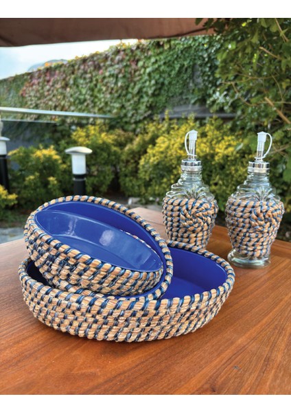 Hasır Görünümlü Leke Tutmaz 5’li Sofra Seti – Yağlık & Sirkelik Dahil El Yapımı Sunum Takımı