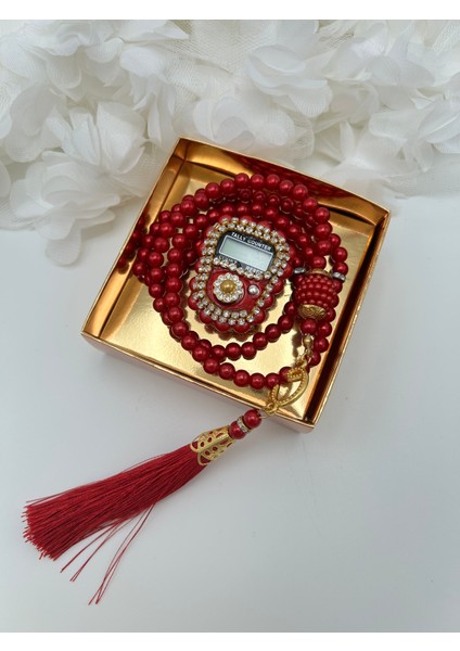 1 Adet Hediyelik Çeyizlik Gold Kutulu Tesbih ve Taşlı Zikirmatik Seti ( Mevlit-Sünnet-Hac-Umre)