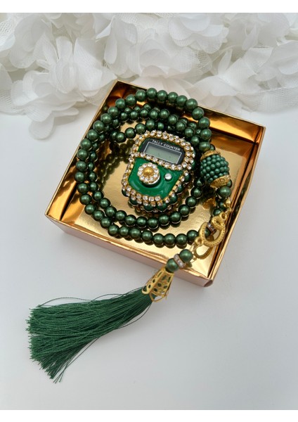 1 Adet Hediyelik Çeyizlik Gold Kutulu Tesbih ve Taşlı Zikirmatik Seti ( Mevlit-Sünnet-Hac-Umre)