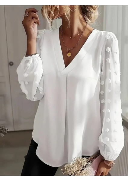 Kadın Uzun Kollu V Yakalı Kolları Popon Detaylı Sandy Bluz fiyatları