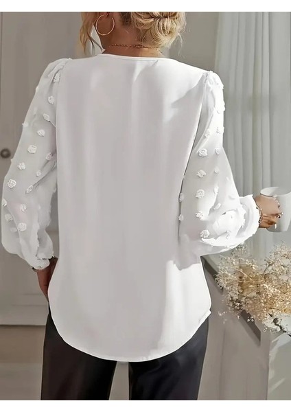 Kadın Uzun Kollu V Yakalı Kolları Popon Detaylı Sandy Bluz indirimleri