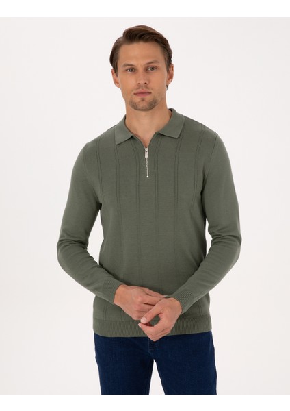 Erkek Duman Slim Fit Polo Yaka Fermuarlı Triko Kazak 50317398-VR210