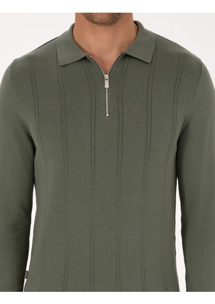 Erkek Duman Slim Fit Polo Yaka Fermuarlı Triko Kazak 50317398-VR210