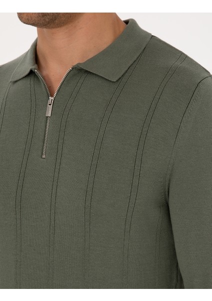 Erkek Duman Slim Fit Polo Yaka Fermuarlı Triko Kazak 50317398-VR210