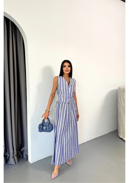 Keten Çizgili Yelek - Uzun Etek Takım - Mavi fiyatları