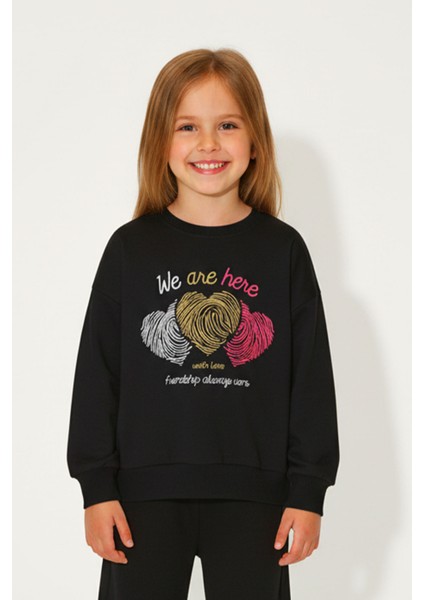 Kız Çocuk %100 Pamuk Kalp Desenli Bisiklet Yaka Trend Sweatshirt - 1022S