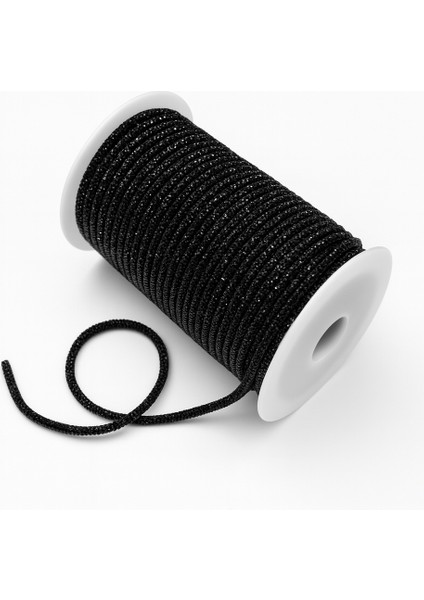 6 mm Siyah Taşlı Kordon Yuvarlak Şerit Taş Süsleme Aplik 1 Metre