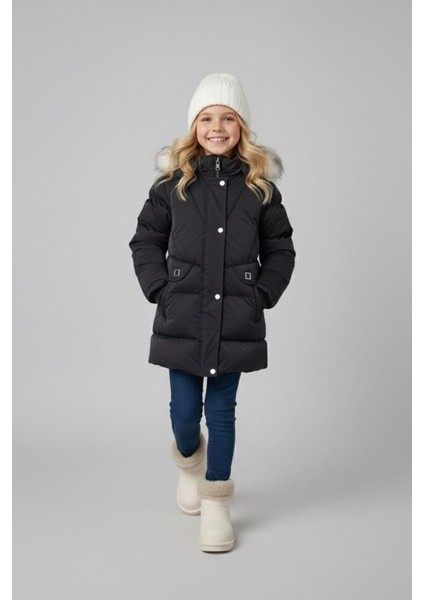 Kürk Kapüşonlu Su Geçirmez Şişme Kız Çocuk kışlık mont - Siyah