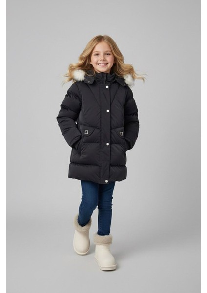 Kürk Kapüşonlu Su Geçirmez Şişme Kız Çocuk kışlık mont - Siyah fiyatları