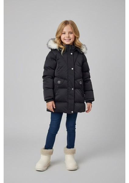 Kürk Kapüşonlu Su Geçirmez Şişme Kız Çocuk kışlık mont - Siyah modelleri