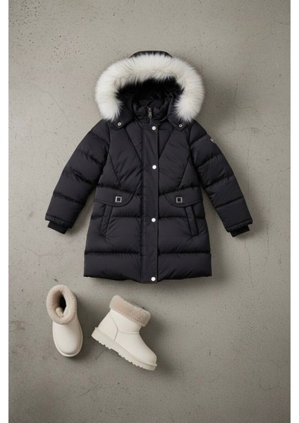 Kürk Kapüşonlu Su Geçirmez Şişme Kız Çocuk kışlık mont - Siyah fırsatları