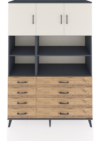 Hyperion Dolap 8 Raflı 8 Çekmeceli 3 Kapaklı 132X44X195 Antrasit-Aytaşı/çam