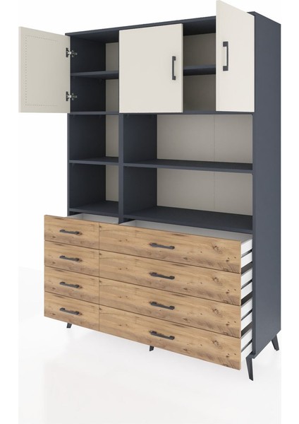 Hyperion Dolap 8 Raflı 8 Çekmeceli 3 Kapaklı 132X44X195 Antrasit-Aytaşı/çam modelleri