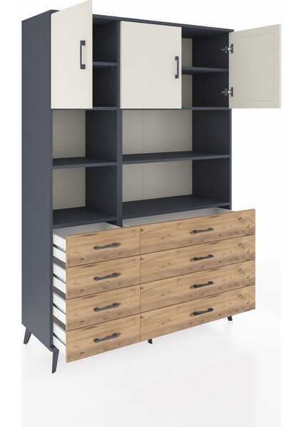 Hyperion Dolap 8 Raflı 8 Çekmeceli 3 Kapaklı 132X44X195 Antrasit-Aytaşı/çam indirimleri