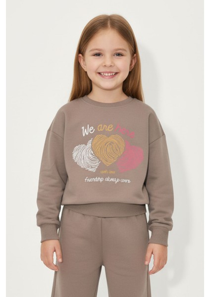Kız Çocuk %100 Pamuk Kalp Desenli Bisiklet Yaka Trend Sweatshirt - 1022S