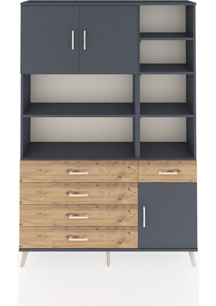 Arges Dolap 9 Raflı 5 Çekmeceli 3 Kapaklı 132X30X195 Antrasit-Antrasit/çam