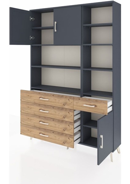 Arges Dolap 9 Raflı 5 Çekmeceli 3 Kapaklı 132X30X195 Antrasit-Antrasit/çam modelleri