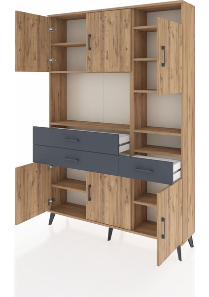 Arges Dolap 10 Raflı 3 Çekmeceli 6 Kapaklı 132X30X195 Çam-Çam/antrasit modelleri