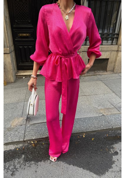 Saten Kruvaze Bağlamalı Bluz- Pantolon Takım - Fuşya modelleri