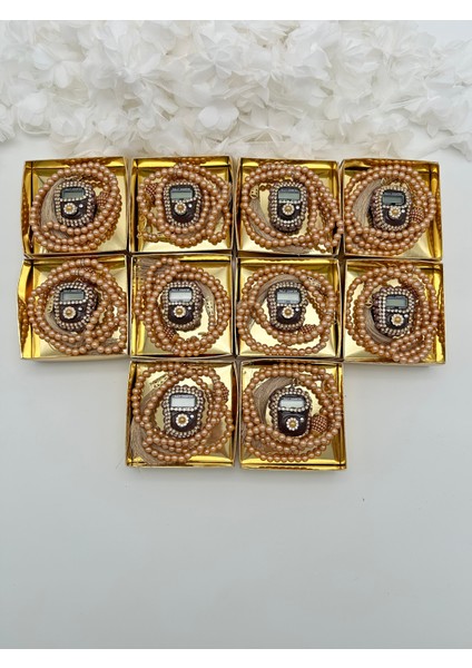 10 Adet Hediyelik Çeyizlik Gold Kutulu Tesbih ve Taşlı Zikirmatik Seti ( Mevlit-Sünnet-Hac-Umre)