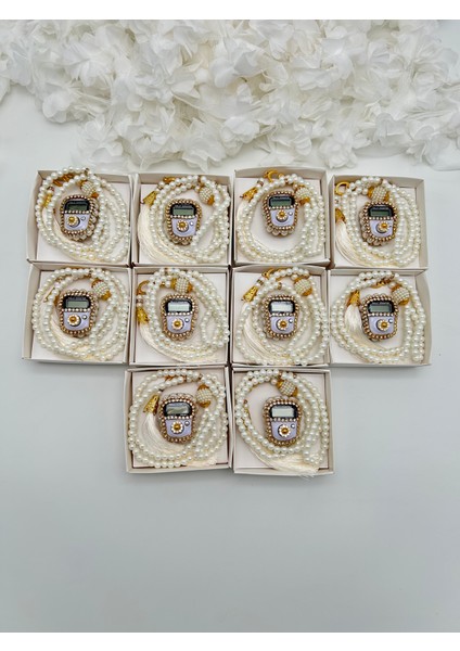 10 Adet Hediyelik Çeyizlik Kutulu Tesbih ve Taşlı Zikirmatik Seti ( Mevlit-Sünnet-Hac-Umre)