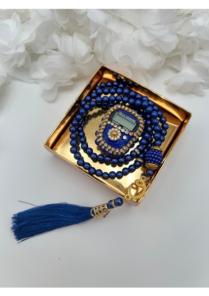1 Adet Hediyelik Çeyizlik Gold Kutulu Tesbih ve Taşlı Zikirmatik Seti ( Mevlit-Sünnet-Hac-Umre)