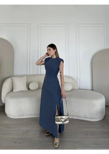 Keten Yandan Yırtmaçlı Uzun Sıfır Kolsuz Elbise - Mavi fiyatları