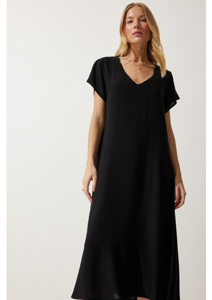 Kadın Kısa Kollu V Yaka Salaş Maxi Boy Elbise indirimleri