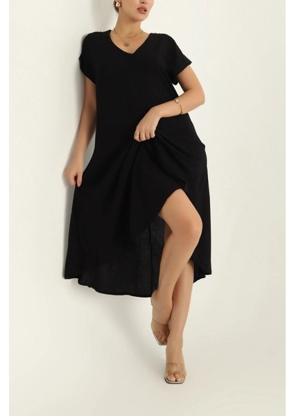 Kadın Kısa Kollu V Yaka Salaş Maxi Boy Elbise