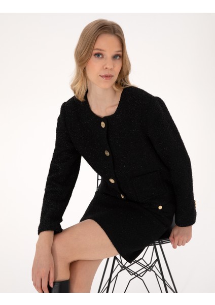 Kadın Siyah Crop Top Tüvit Ceket 50319417-VR046