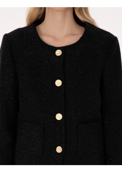 Kadın Siyah Crop Top Tüvit Ceket 50319417-VR046