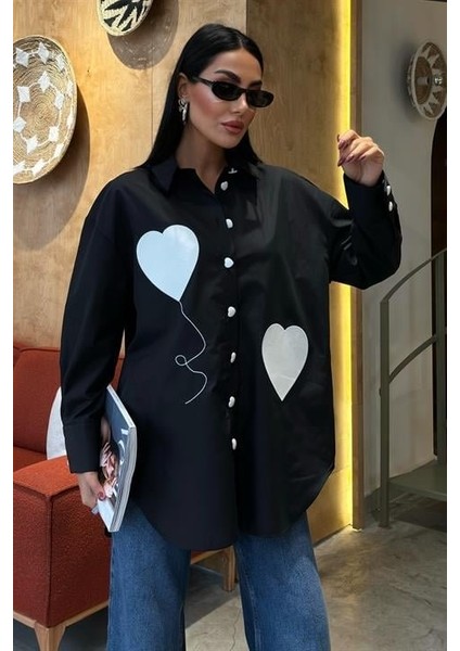 Kalp Nakışlı ve Düğme Detaylı Oversize Gömlek 3430