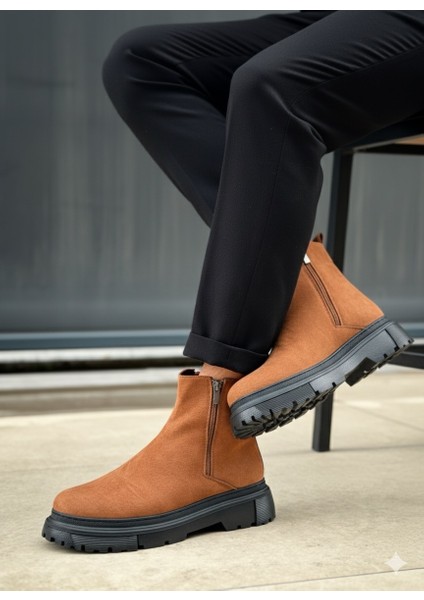 ET0777 Süet Taba Siyah Taban Çift Fermuarlı Erkek Yarım Bilek Bot fiyatları