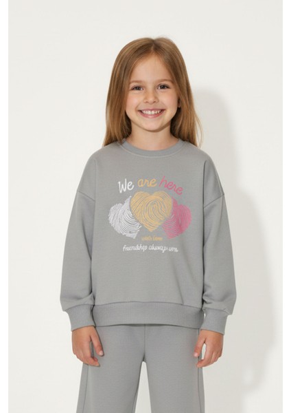 Kız Çocuk %100 Pamuk Kalp Desenli Bisiklet Yaka Trend Sweatshirt - 1022S