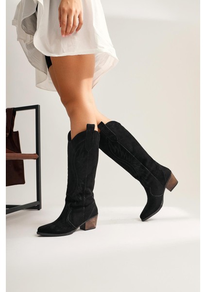 Hero Siyah Süet Nakışlı Kovboy Çizme