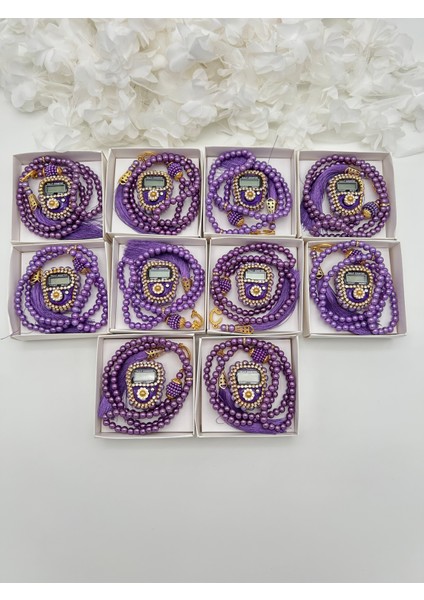 10 Adet Hediyelik Çeyizlik Kutulu Tesbih ve Taşlı Zikirmatik Seti ( Mevlit-Sünnet-Hac-Umre)