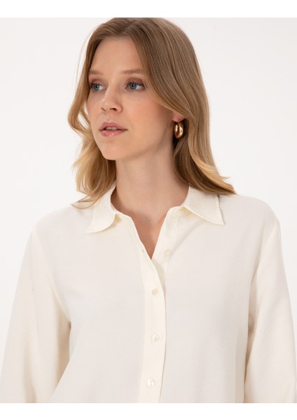 Kadın Beyaz Comfort Fit Uzun Kollu Gömlek 50318219-VR259 fiyatları