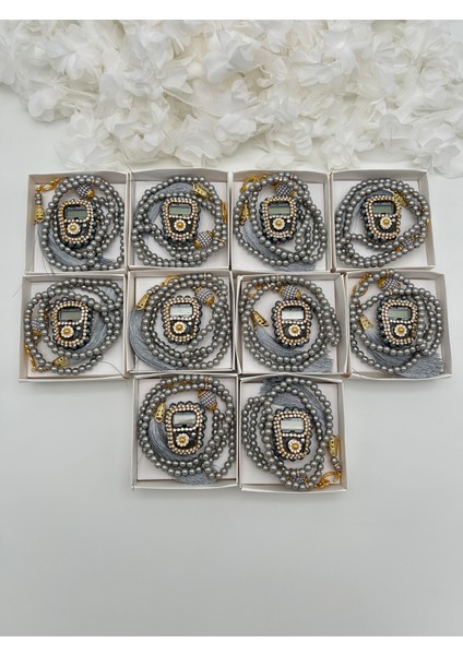 10 Adet Hediyelik Çeyizlik Kutulu Tesbih ve Taşlı Zikirmatik Seti ( Mevlit-Sünnet-Hac-Umre)