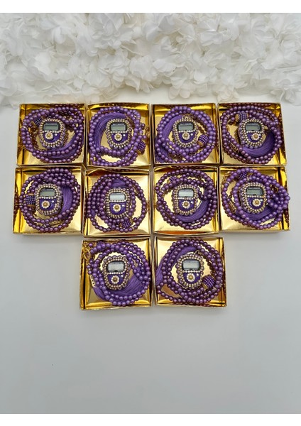 10 Adet Hediyelik Çeyizlik Gold Kutulu Tesbih ve Taşlı Zikirmatik Seti ( Mevlit-Sünnet-Hac-Umre)