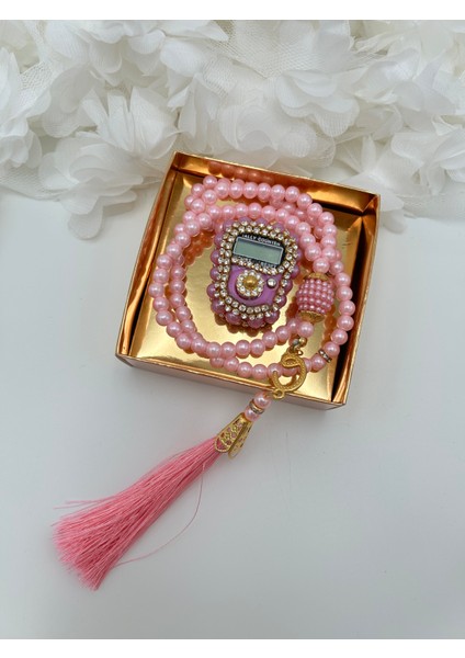 1 Adet Hediyelik Çeyizlik Gold Kutulu Tesbih ve Taşlı Zikirmatik Seti ( Mevlit-Sünnet-Hac-Umre)