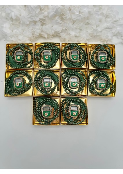 10 Adet Hediyelik Çeyizlik Gold Kutulu Tesbih ve Taşlı Zikirmatik Seti ( Mevlit-Sünnet-Hac-Umre)
