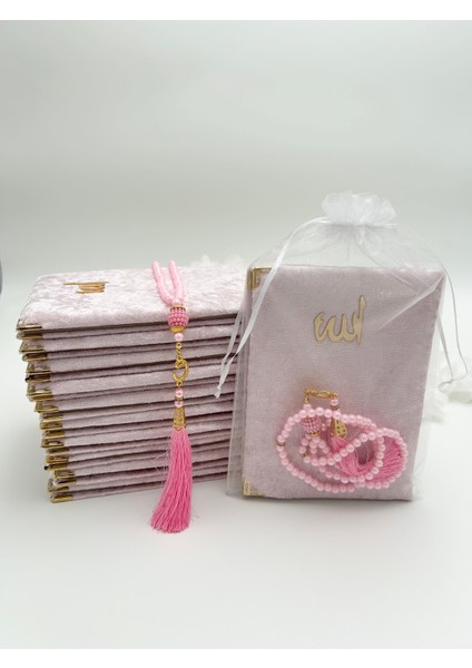 10 Adet Hediyelik Tül Keseli Kadife Yasin Cüzü ve Inci Tesbih Seti ( Mevlit-Hac-Umre)