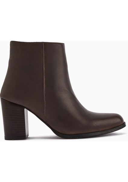 Teres Hakiki Deri Kahve Topuklu Kadın Bot