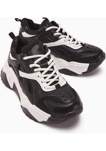 Daysi Siyah Bej Kalın Tabanlı Spor Ayakkabı Kadın Sneakers