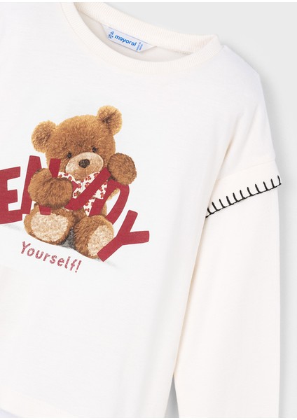 4-10 Yaş Arası Ayıcık Baskılı Uzun Kollu T-Shırt - Krem - Kırmızı modelleri